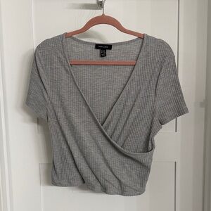 New Look Gray Ribbed Wrap Crop Top